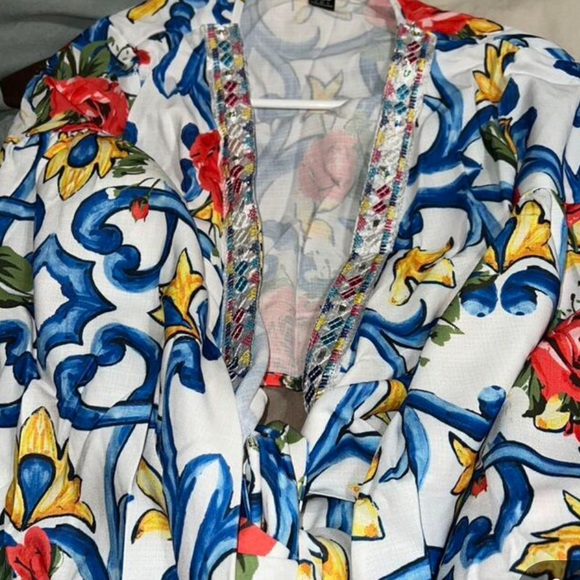 Boho White exotic Vibrant Print Ballon Sleeve WRAP CROP Top Blouse Shirt - Picture 8 of 9